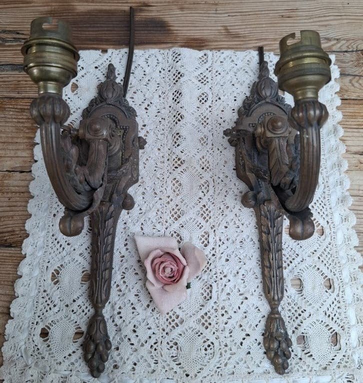 2 Antieke Franse koperen wandlampen, Ophalen of Verzenden