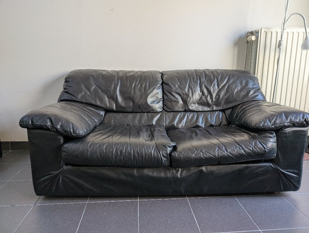 Zwarte leren zetel, Ophalen, Gebruikt, 150 tot 200 cm, Tweepersoons