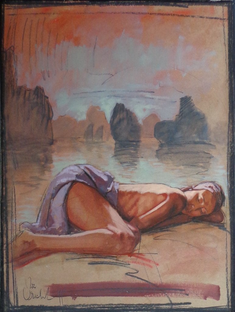 NICO VRIELINK / LIGGENDE VROUW / OLIEVERF / 112x90cm / KADER, Ophalen, Figuren, Gesigneerd, Papier/karton