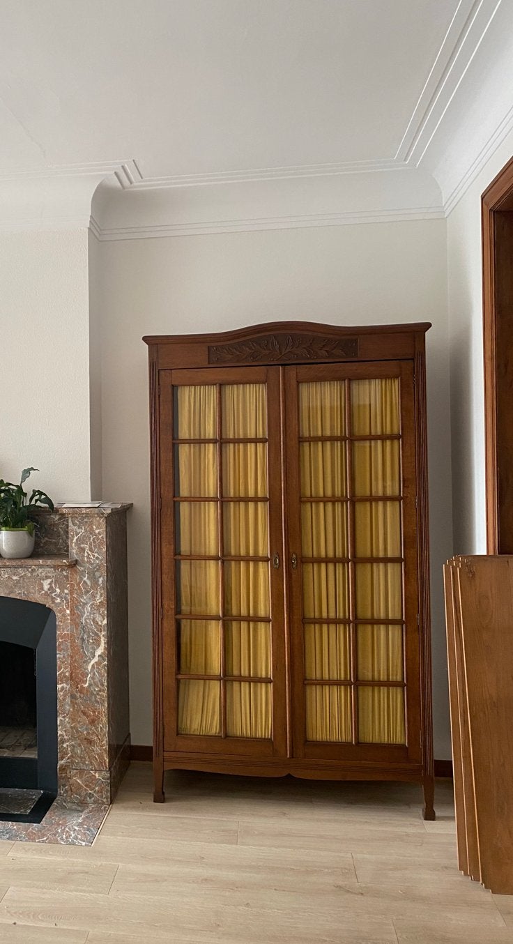 Antieke houten kast met glas en gordijnen, Ophalen