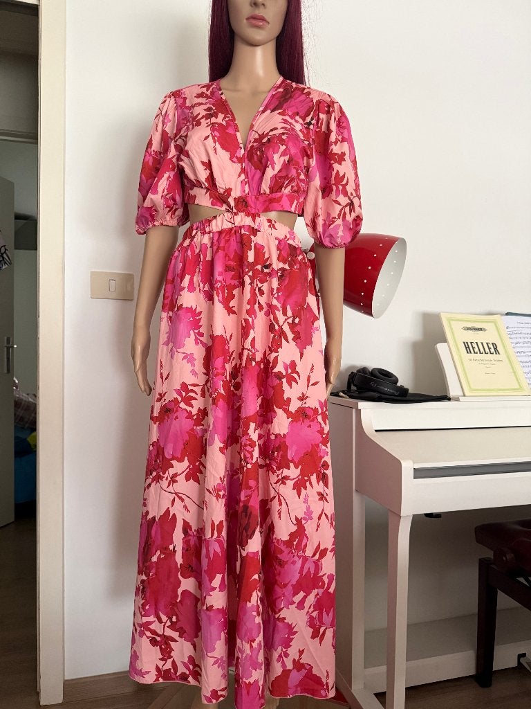 Pink Floral Cut-Out Midi Dress with Puff Sleeves (M/L), Maat 38/40 (M), Nieuw, Ophalen of Verzenden, Roze