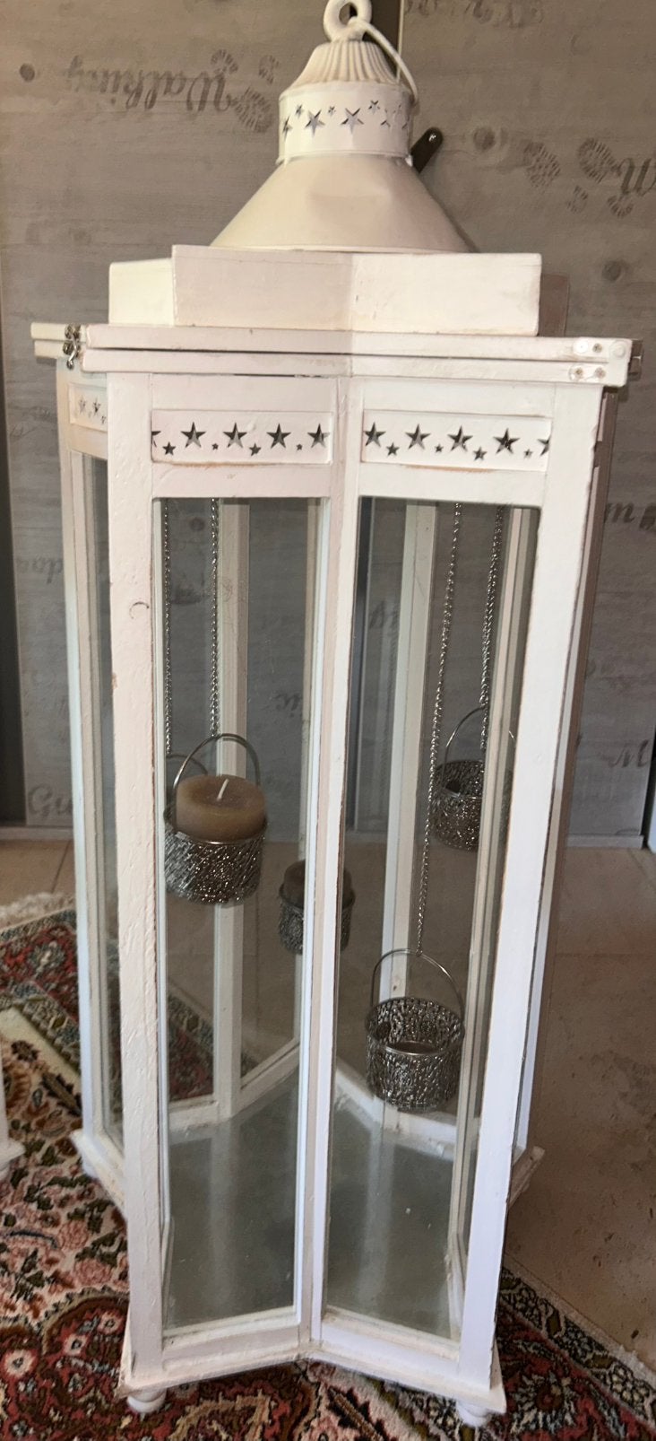 Set van 2grote landelijke lantaarns,windlichten,Wit met glas, Ophalen, Zo goed als nieuw, Wit, Glas