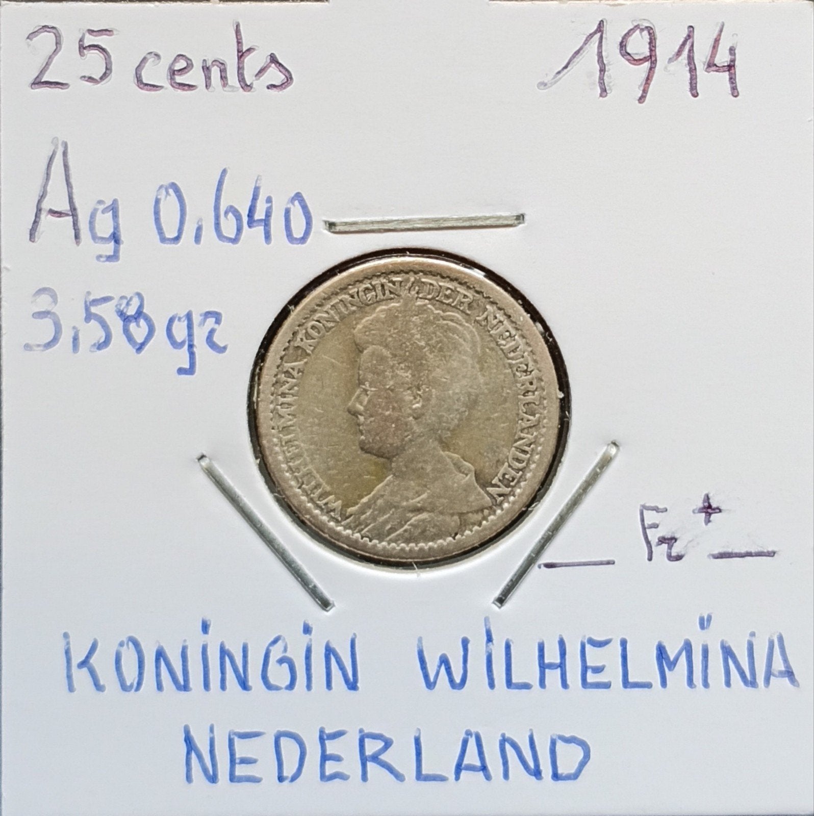 Pays-Bas 25 cents 1914 (961), Enlèvement ou Envoi, Autres pays, Monnaie en vrac, Argent