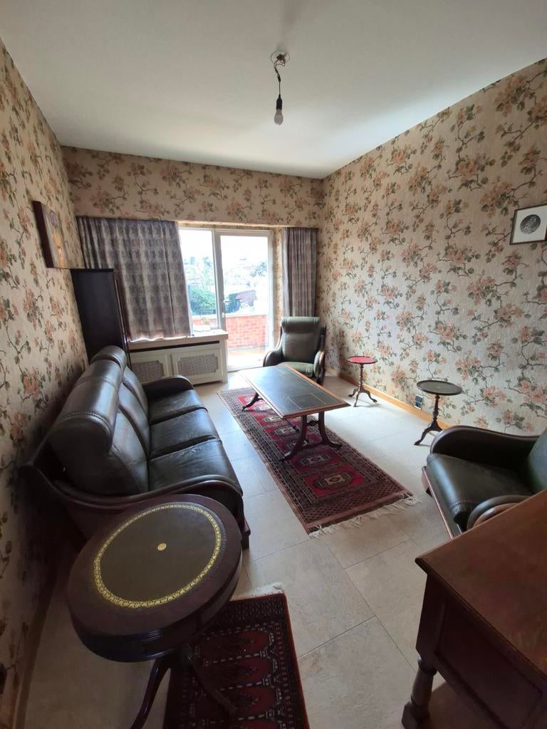 Jaren 70 groen lederen salon met houte afwerking, Ophalen