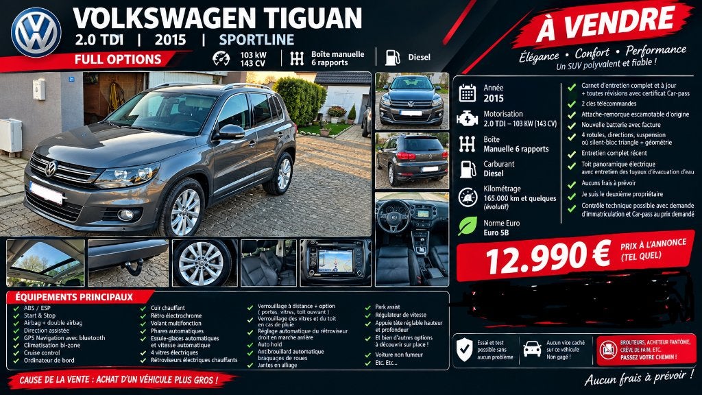 Volkswagen Tiguan 2.0 TDI 2015 Finition SPORTLINE, Auto's, Voorwielaandrijving, Zwart, 4 cilinders, Leder