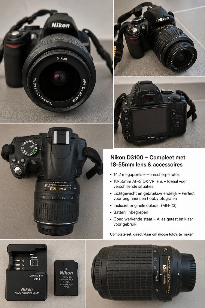 Nikon D3100 Spiegelreflexcamera + 2 lenzen + oplader, Audio, Tv en Foto, Ophalen, Zo goed als nieuw, Oplader, Nikon