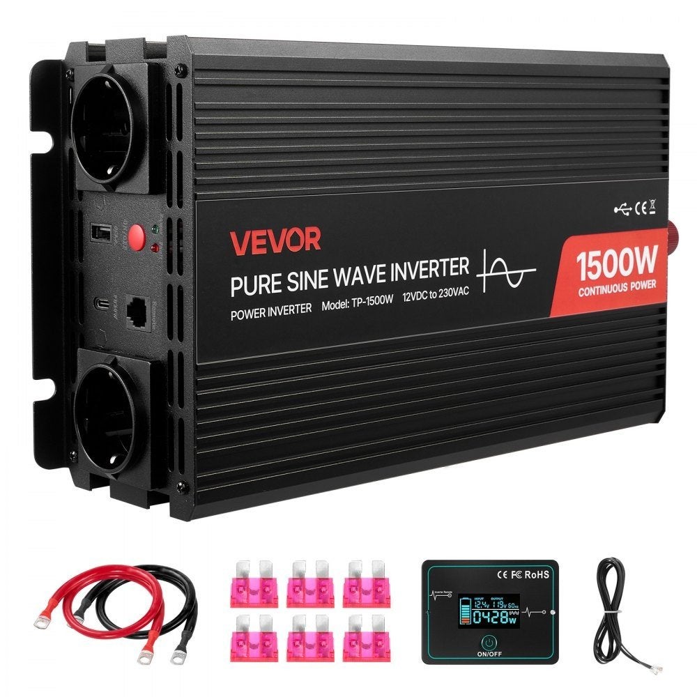 VEVOR 1500W omvormer, 12V DC naar 230V, Ophalen