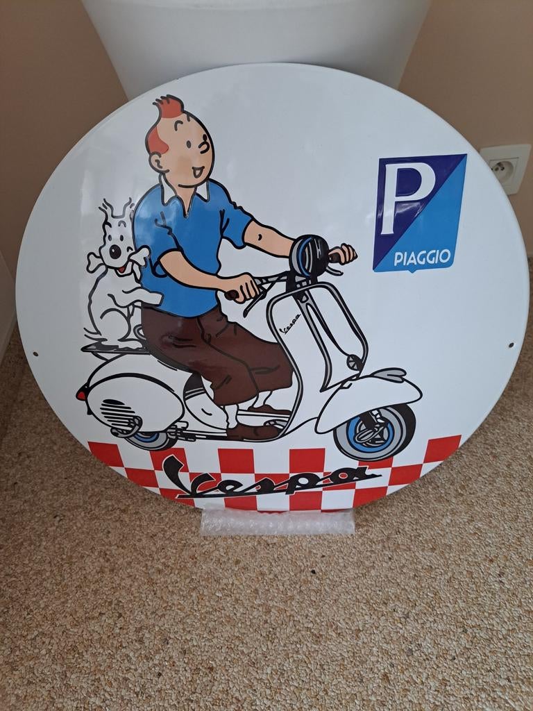 Emaille , kuifje& bobby - Vespa diameter 50, Ophalen of Verzenden