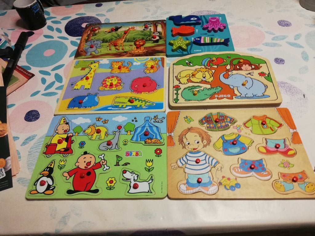 6 houten inlegpuzzels, Ophalen of Verzenden, Zo goed als nieuw, Van hout, Minder dan 10 stukjes