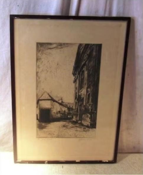 Belle gravure ancienne - Rue dans la ville - signée, Enlèvement ou Envoi, Vue urbaine, Gravure, Encadré