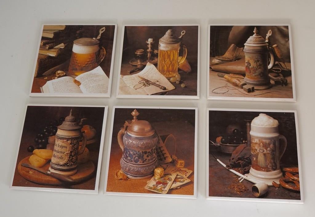 6 vintage glasonderzetters met oude bierbekers, Ophalen