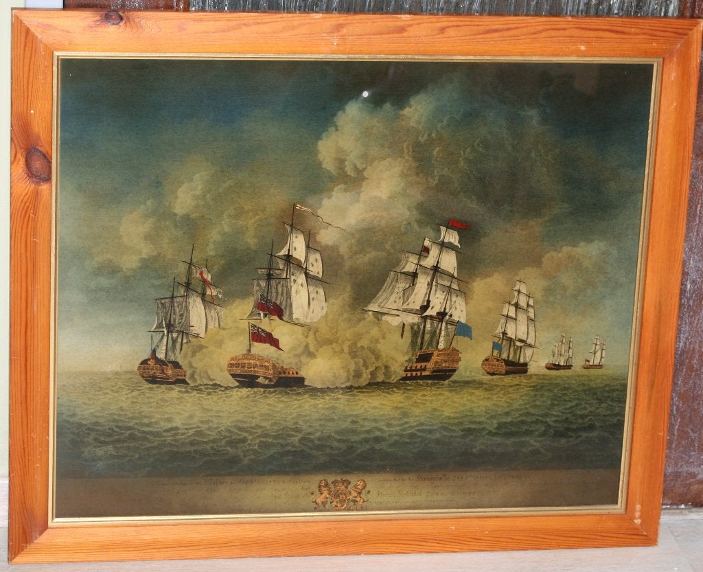 Omgekeerd gekleurde marine gravure op glas, Antiek en Kunst, Ophalen of Verzenden, Gravure, Handgekleurd