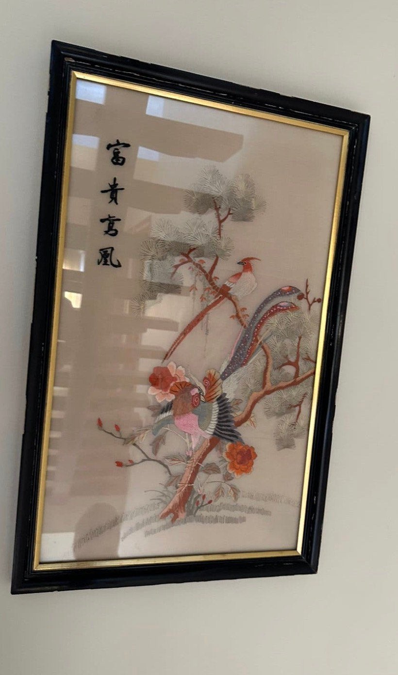 Oost‑Aziatisch kunstwerk – vogel & bloemen, Ophalen of Verzenden