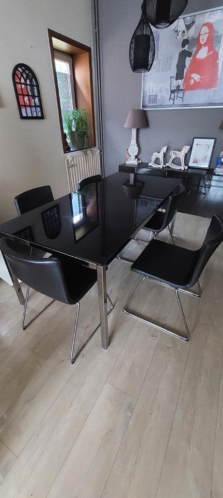 table de salle à manger en verre fumé avec 6 chaises CUIR, Maison & Meubles, Cinq personnes ou plus, Verre, Comme neuf, Enlèvement