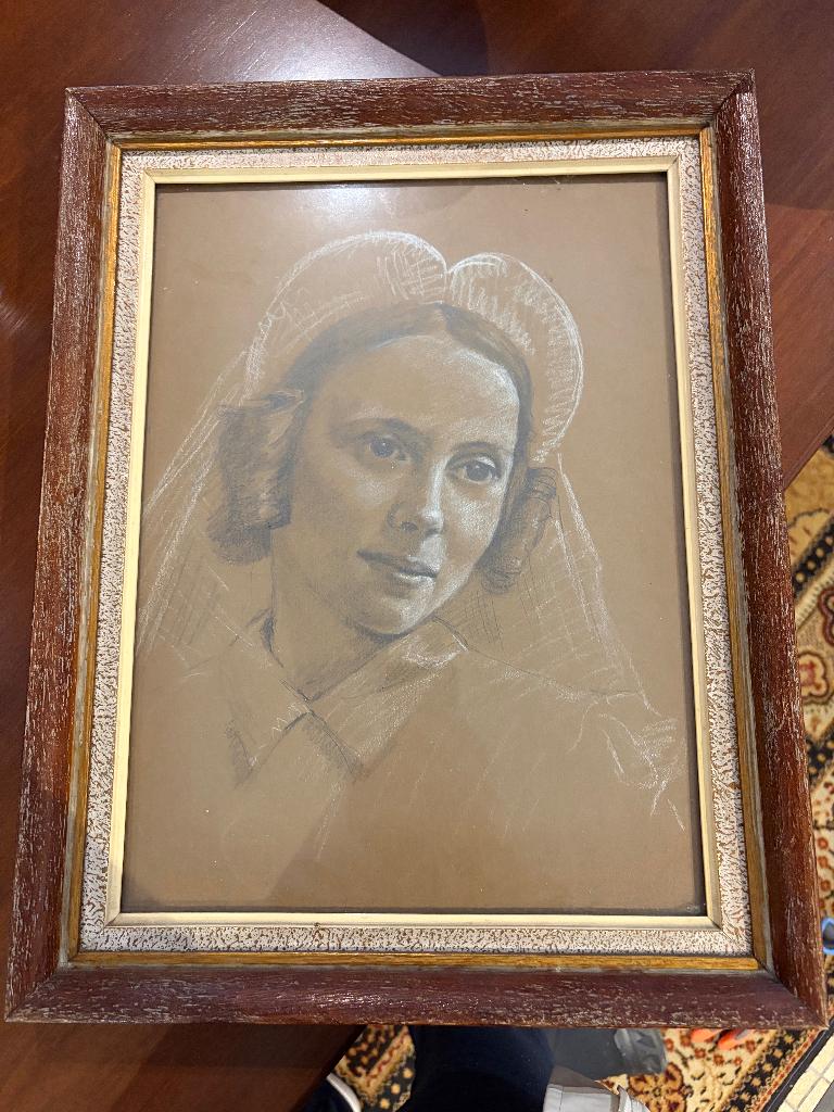 Prachtig Vintage Portret  Handgetekend in Houten Lijst, Huis en Inrichting, Woonaccessoires | Lijsten, Ophalen, Gebruikt, Hout