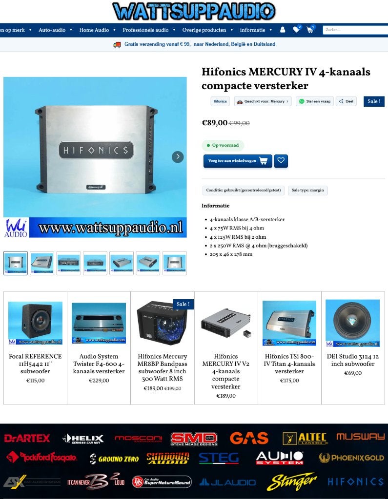 Hifonics MERCURY IV 4 kanaals versterker 4 x 125W RMS, Auto diversen, Ophalen of Verzenden, Gebruikt