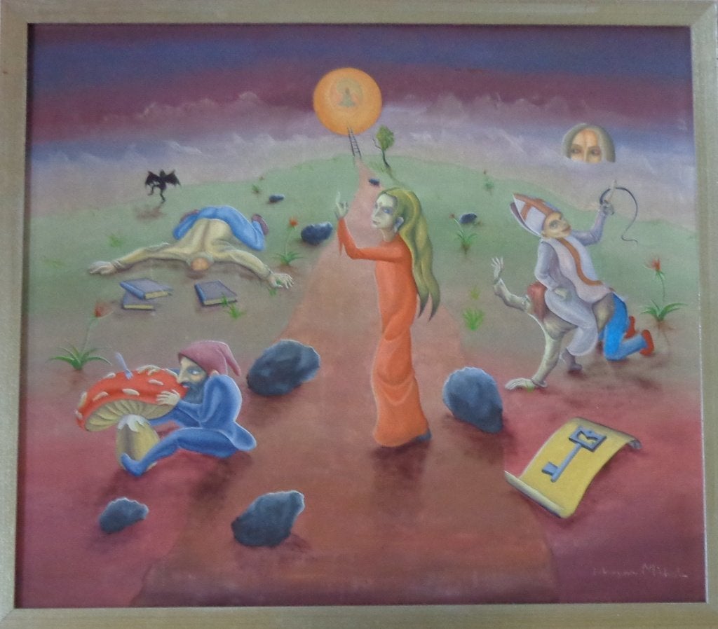 JOHNNY MICHEL / FANTASIEWERELD / OLIEVERF / 75x85cm / KADER, Antiquités & Art, Peinture à l'huile, Signé, Figures, Autres matériaux