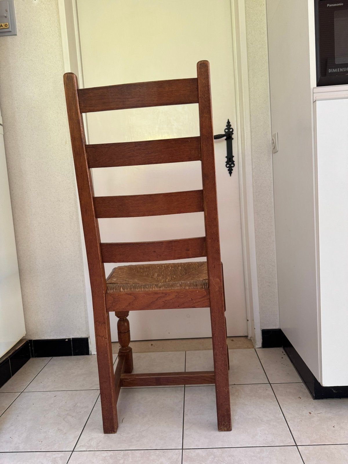 6 massief eiken eetkamerstoelen met biezen zitting, Ophalen, Gebruikt, Bruin, Landelijk