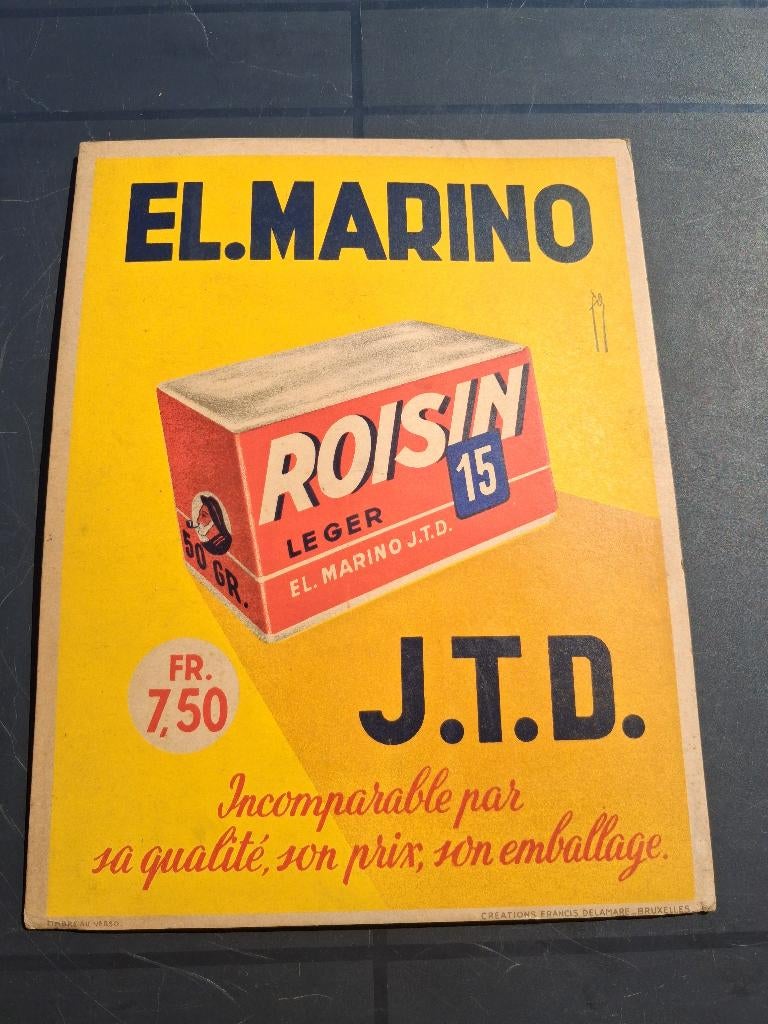 tabac roisin El Marino..... timbre fiscal 0,80. année 1960, Collections, Enlèvement ou Envoi, Comme neuf, Panneau publicitaire