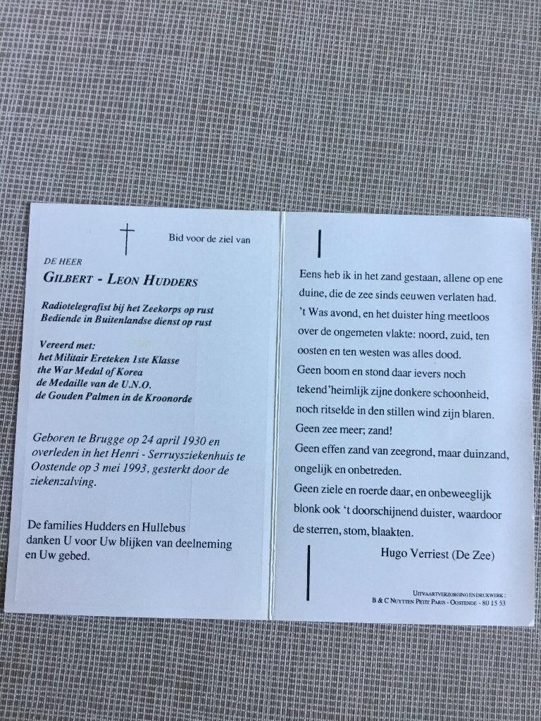 Soldat para-commandement Korea G.Hudders +Ostend 1993, Envoi, Image pieuse