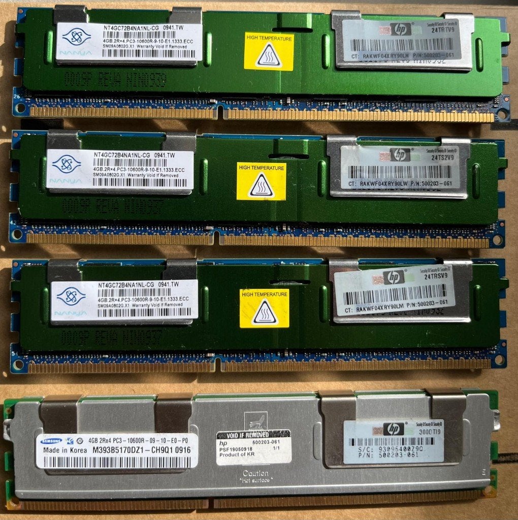 4x 4GB Nanya DDR3 Server RAM – (HP 500205-071) – 16GB Totaal, Neuf, Enlèvement ou Envoi, DDR3, Serveur