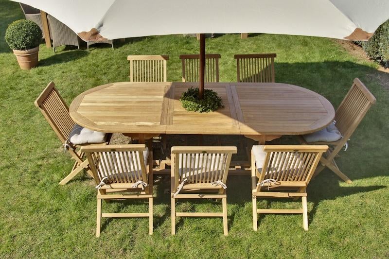 Nieuw: uitschuifbare teak tafel en 8 teak plooistoelen, Teakhout, Nieuw, Ophalen of Verzenden, 8 zitplaatsen