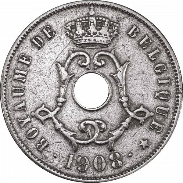 België 25 centimes, 1908  Frans - 'BELGIQUE, Ophalen, Losse munt