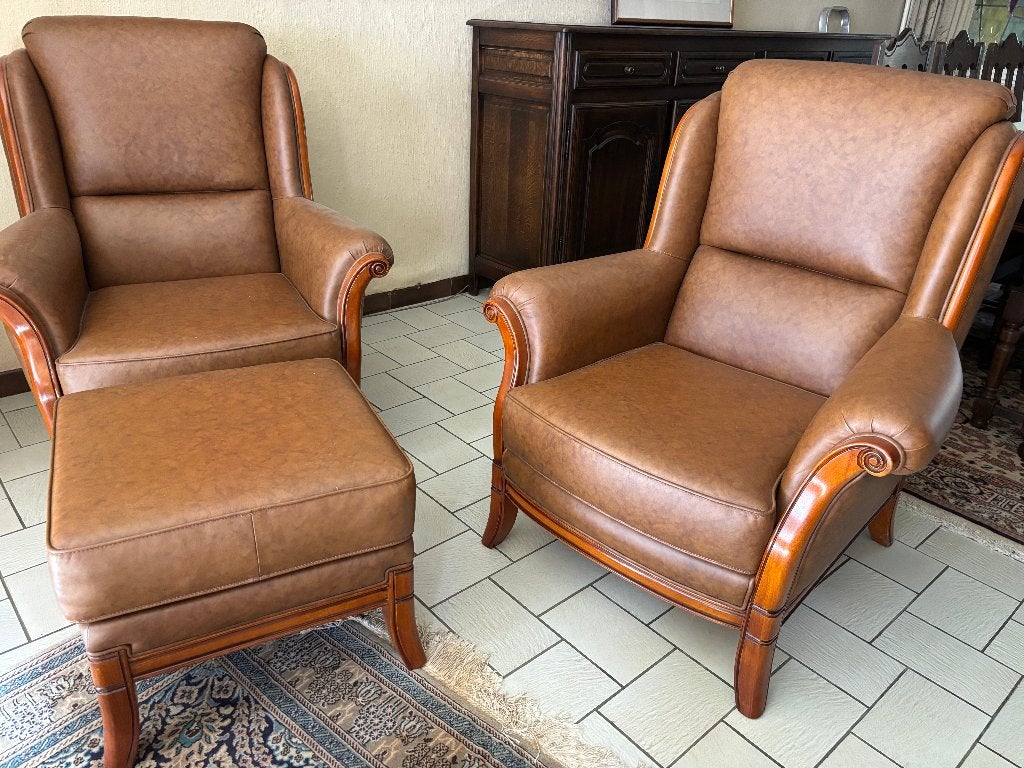 Prachtige, stijlvolle lederen salon, Ophalen, Hout, Zo goed als nieuw, Rechte bank