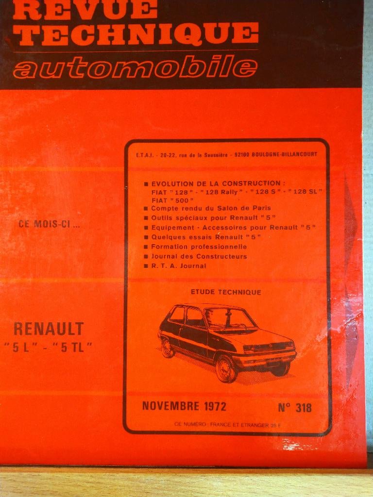 RTA 318 - Renault 5 - novembre 1972, Autos : Divers, Modes d'emploi & Notices d'utilisation, Enlèvement ou Envoi