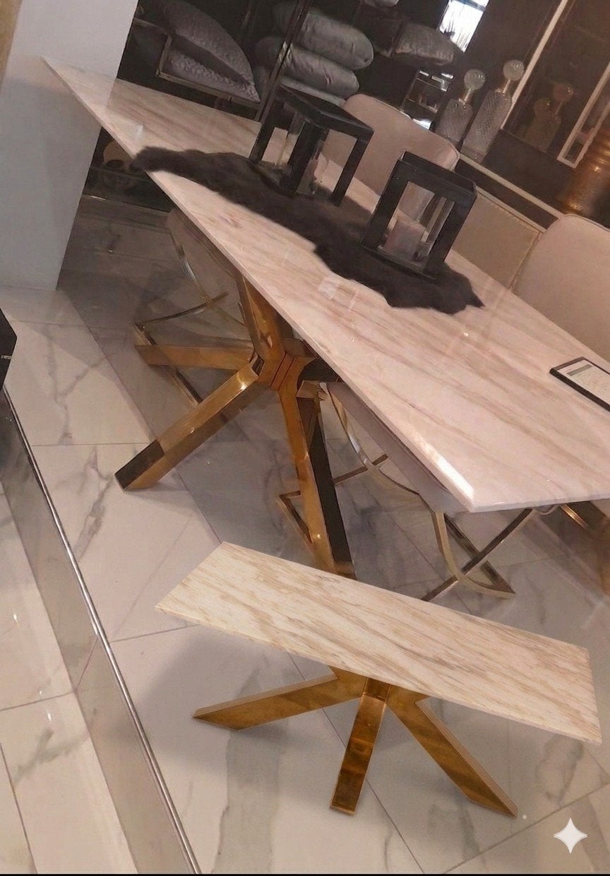 SET TABLE A MANGER ET TABLE BASSE PIERRE DE MARBRE GOLD
