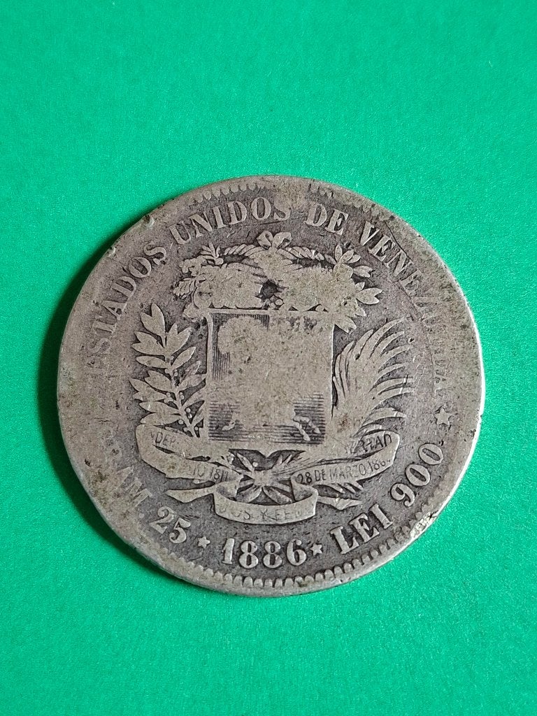 1886 Venezuela 5 bolivars en argent, rare, Timbres & Monnaies, Monnaies | Amérique, Envoi, Amérique du Sud, Monnaie en vrac, Argent