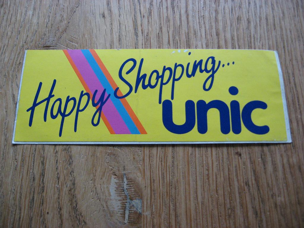 Happy Shopping Unic Vintage Sticker, Verzamelen, Stickers, Ophalen of Verzenden, Nieuw, Winkel of Supermarkt
