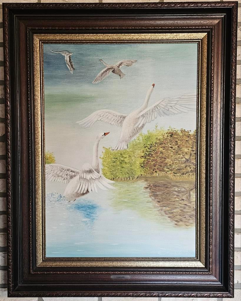 Opvliegende zwaan Schilderij van E. Smeulders, Antiek en Kunst, Ophalen