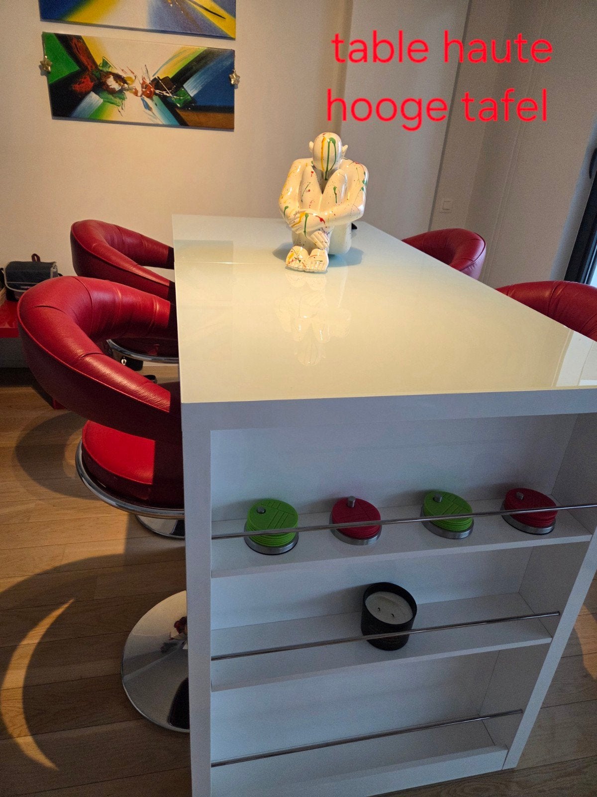 Table à manger « bar » Debbul avec 4 tabourets en cuir, Enlèvement