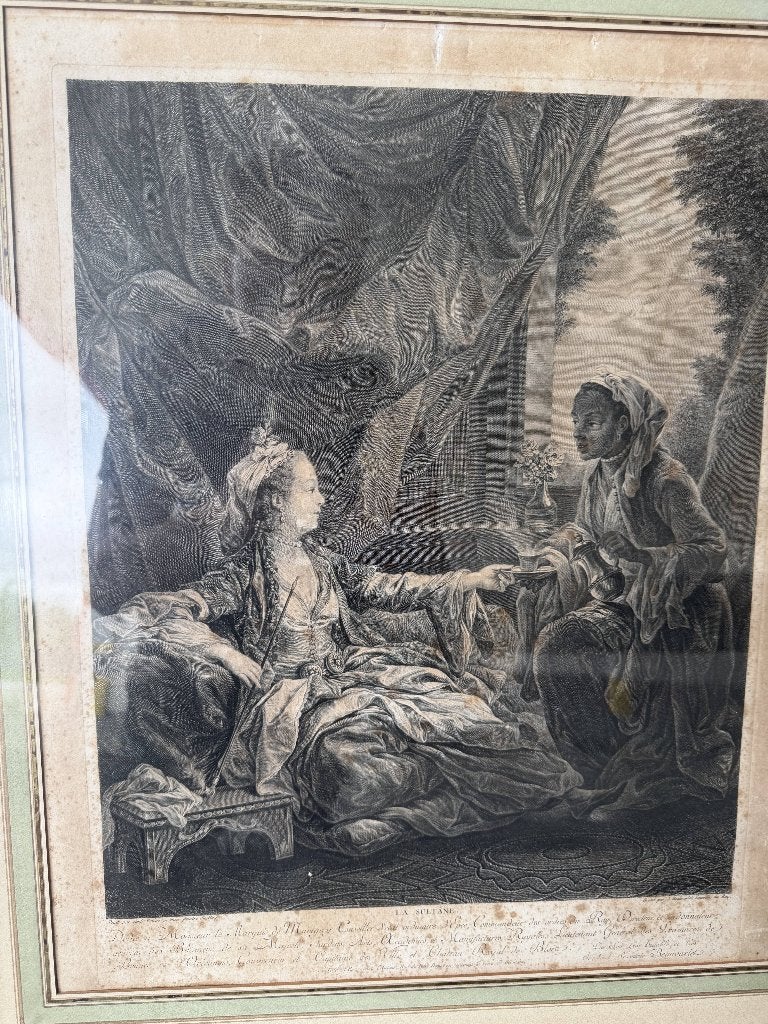 Grande gravure XVIIIe La Sultane – d’après Carle Van Loo, Encadré, Enlèvement ou Envoi, Gravure, Vie quotidienne