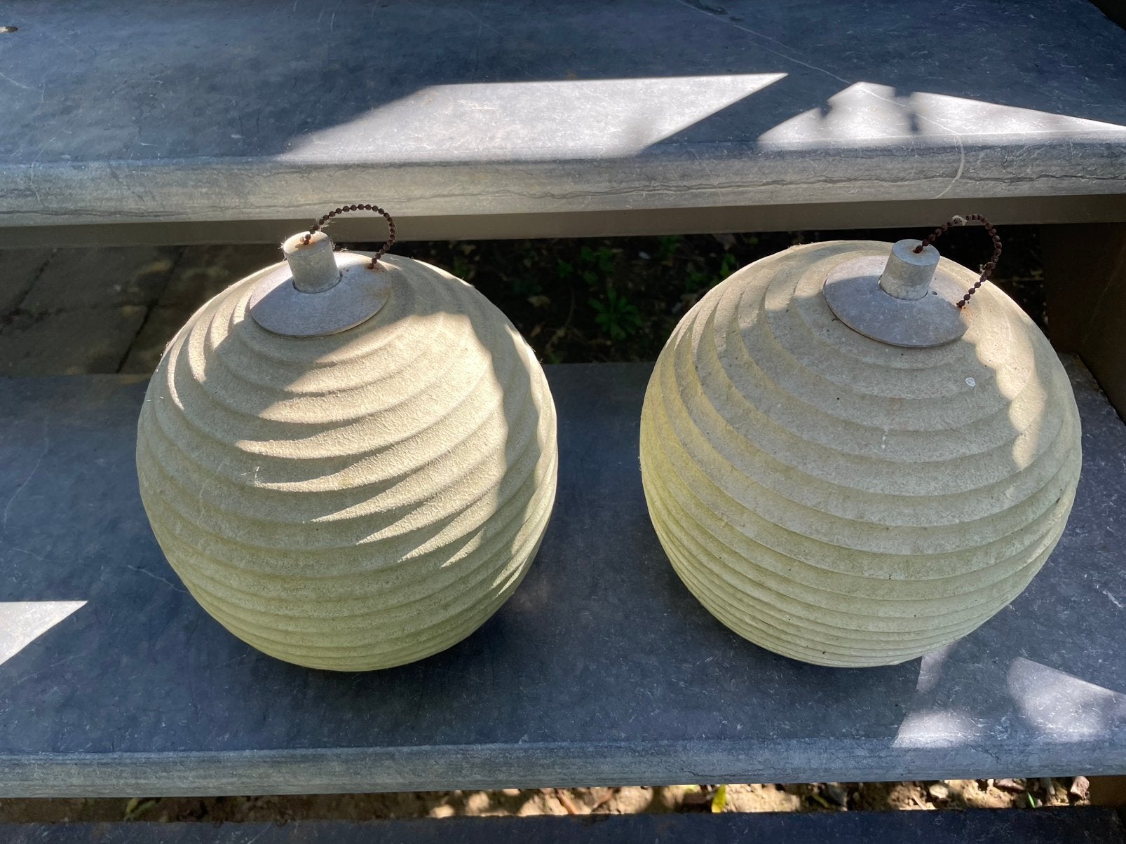 Set van 2 vintage geribbelde olielampen / tuinlantaarns, Enlèvement, Comme neuf