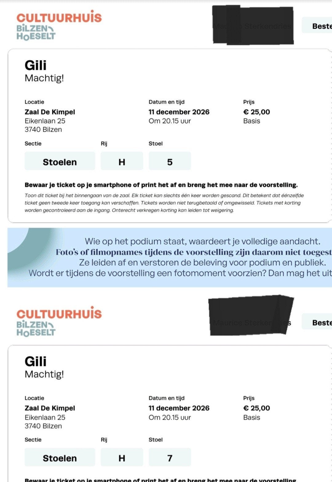 Gili 2 tickets. 11 December.