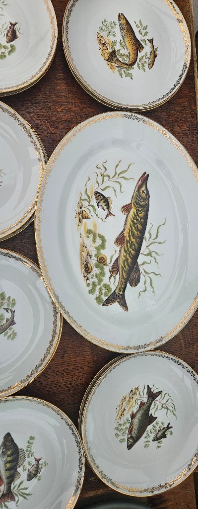 Set de pêche vintage Limoges - 12 assiettes + balance, Enlèvement ou Envoi
