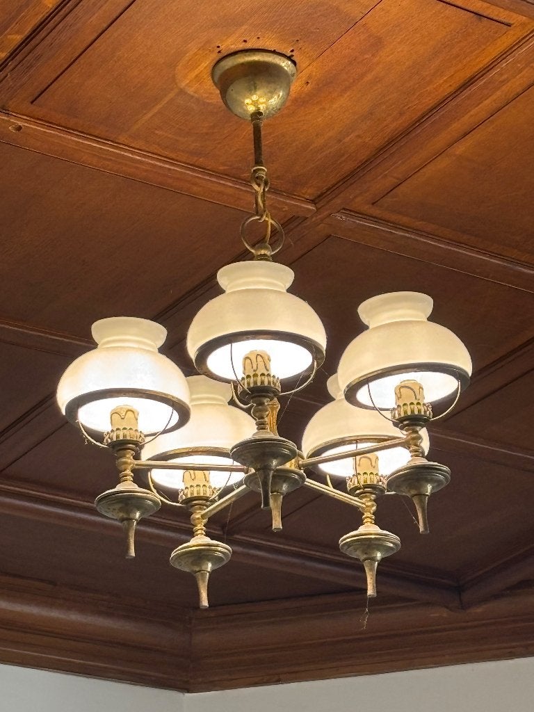 Vergulde kroonluchter met 5 takken in verguld messing, Ophalen, Vintage, E27 (groot), Zo goed als nieuw