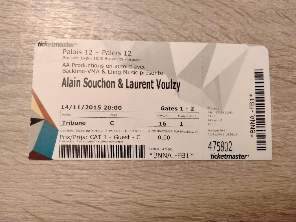 Ticket de concert Souchon & Voulzy@Palais 12 Bruxelles 2015, Ophalen, Gebruikt