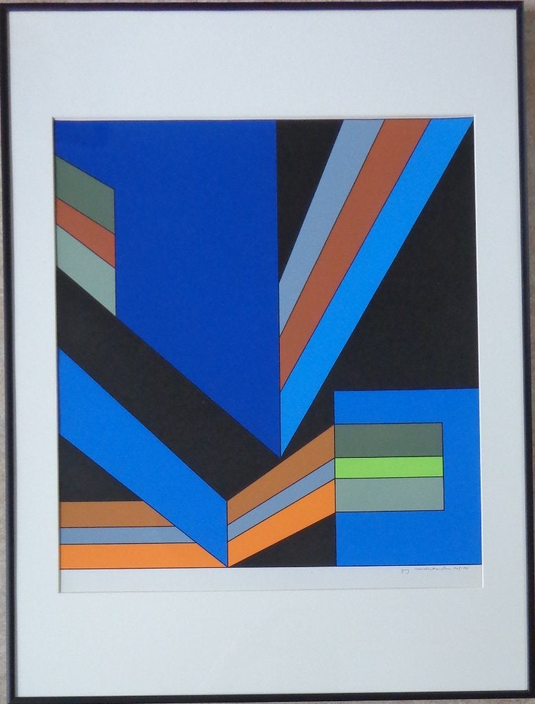 GUY VANDENBRANDEN / GEOMETRIE / KLEURZEEFDRUK 81x61cm KADER, Gesigneerd, Ophalen