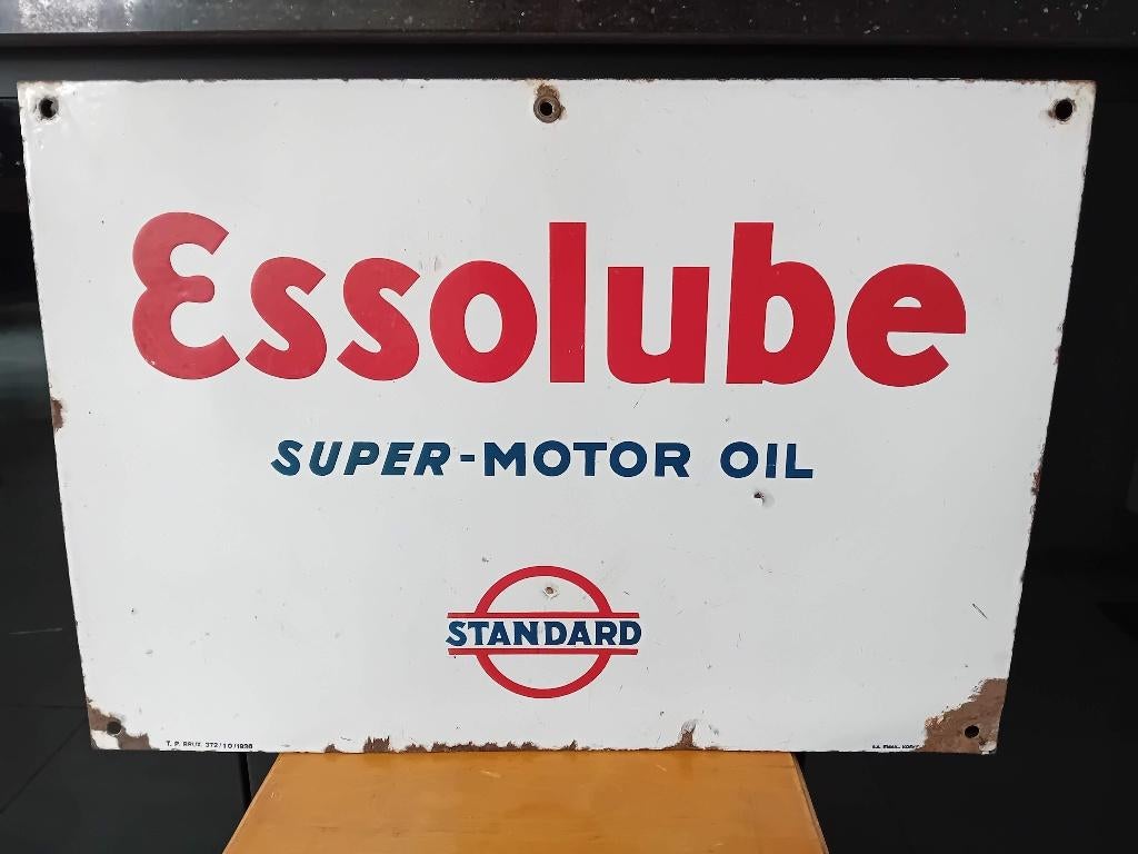 Emaille reclamebord ESSOLUBE 1936 Em. Koekelberg, Verzamelen, Ophalen of Verzenden, Gebruikt, Reclamebord