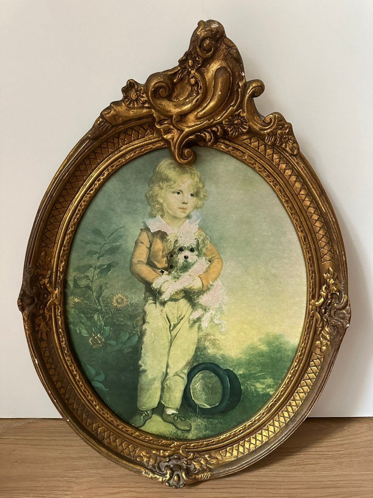 Vintage antieke ovale schilderijlijst met kind & hond, Antiek en Kunst, Ophalen, Klassiek, Bloemen