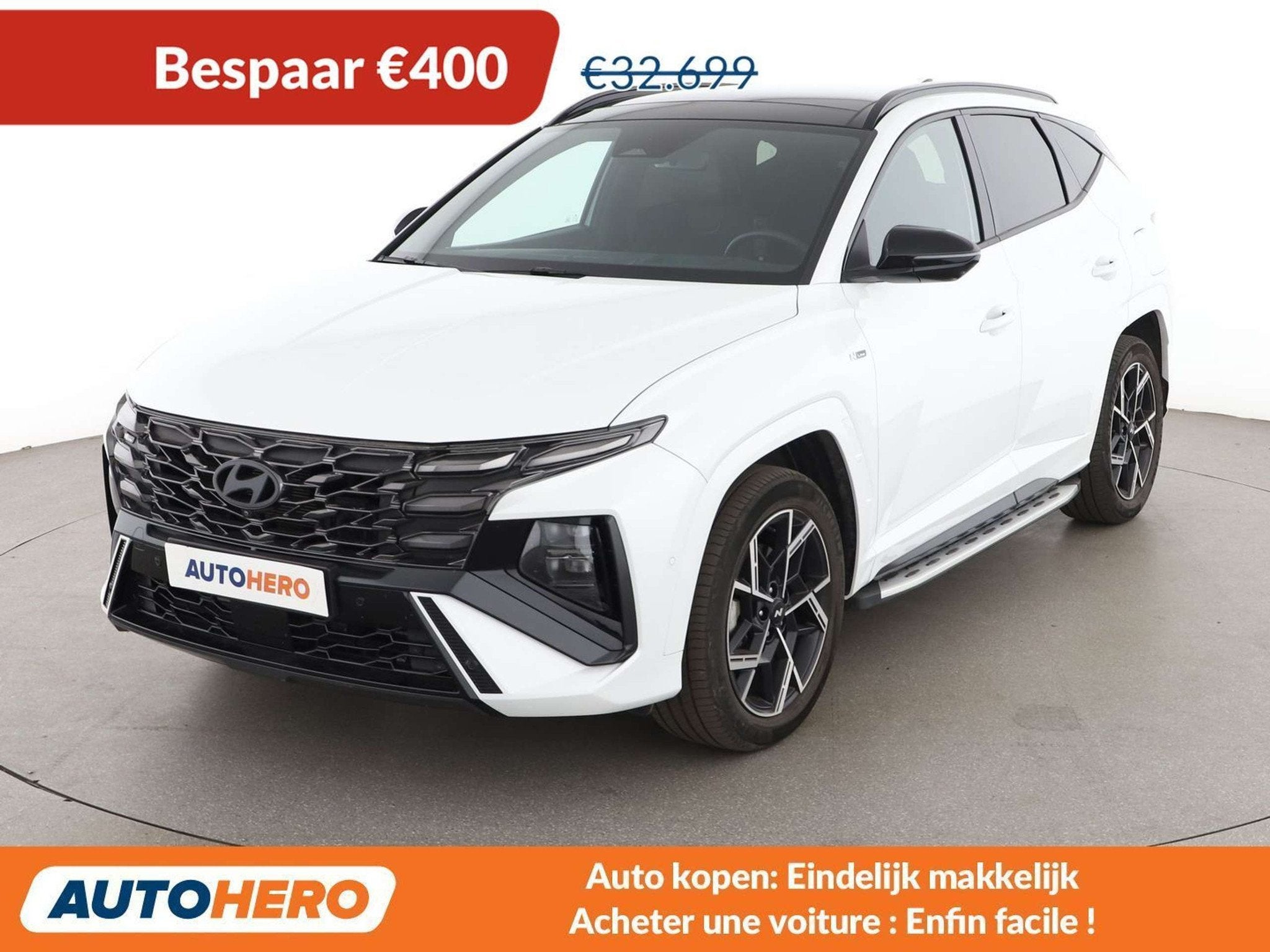 Hyundai Tucson 1.6 T-GDI Hybrid N Line (bj 2025, automaat), Auto's, Gebruikt, Zwart, 1776 kg, Wit