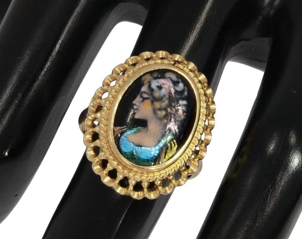 Limoges fraaie 14k gouden emaille ring dames Frankrijk luxe, Ophalen of Verzenden, Zo goed als nieuw, Dame of Heer, Met edelsteen