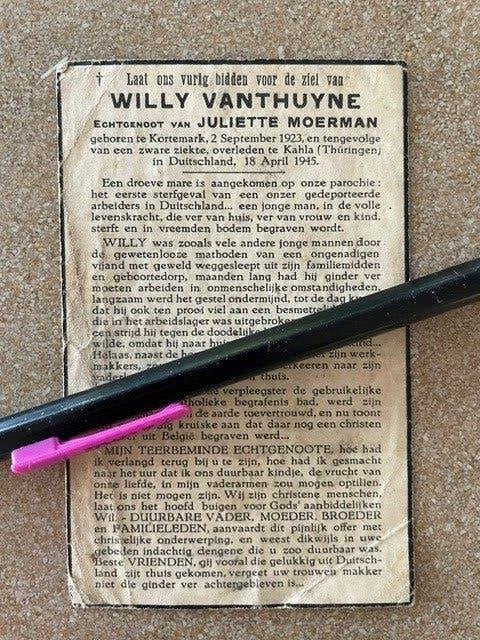 40-45 Déportés Wily VANTHUYNE Kortemark et + Thuring 1945, Collections, Enlèvement ou Envoi, Image pieuse