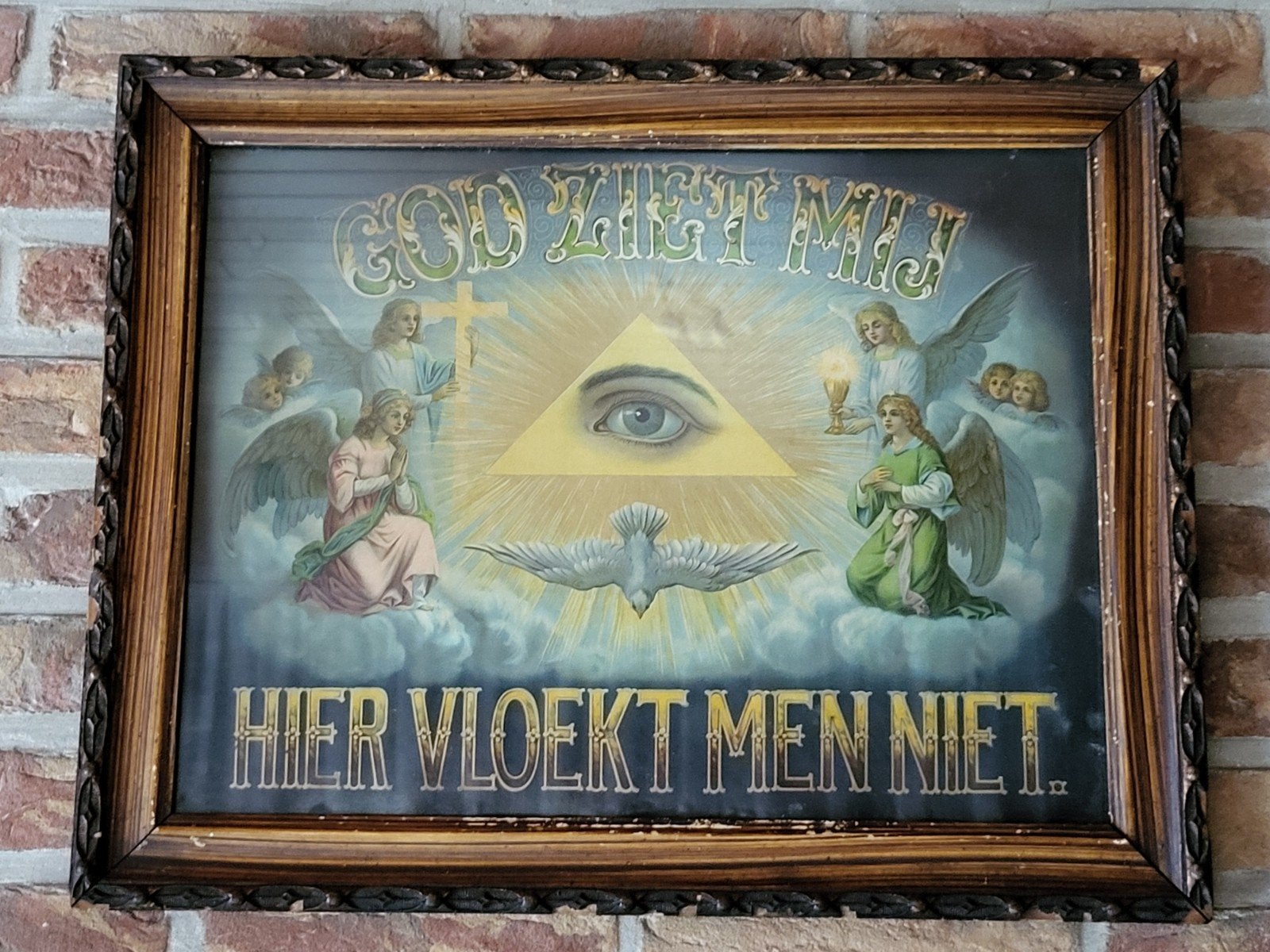 GOD ZIET MIJ Hier vloekt men niet, Antiek en Kunst, Ophalen, Achter glas