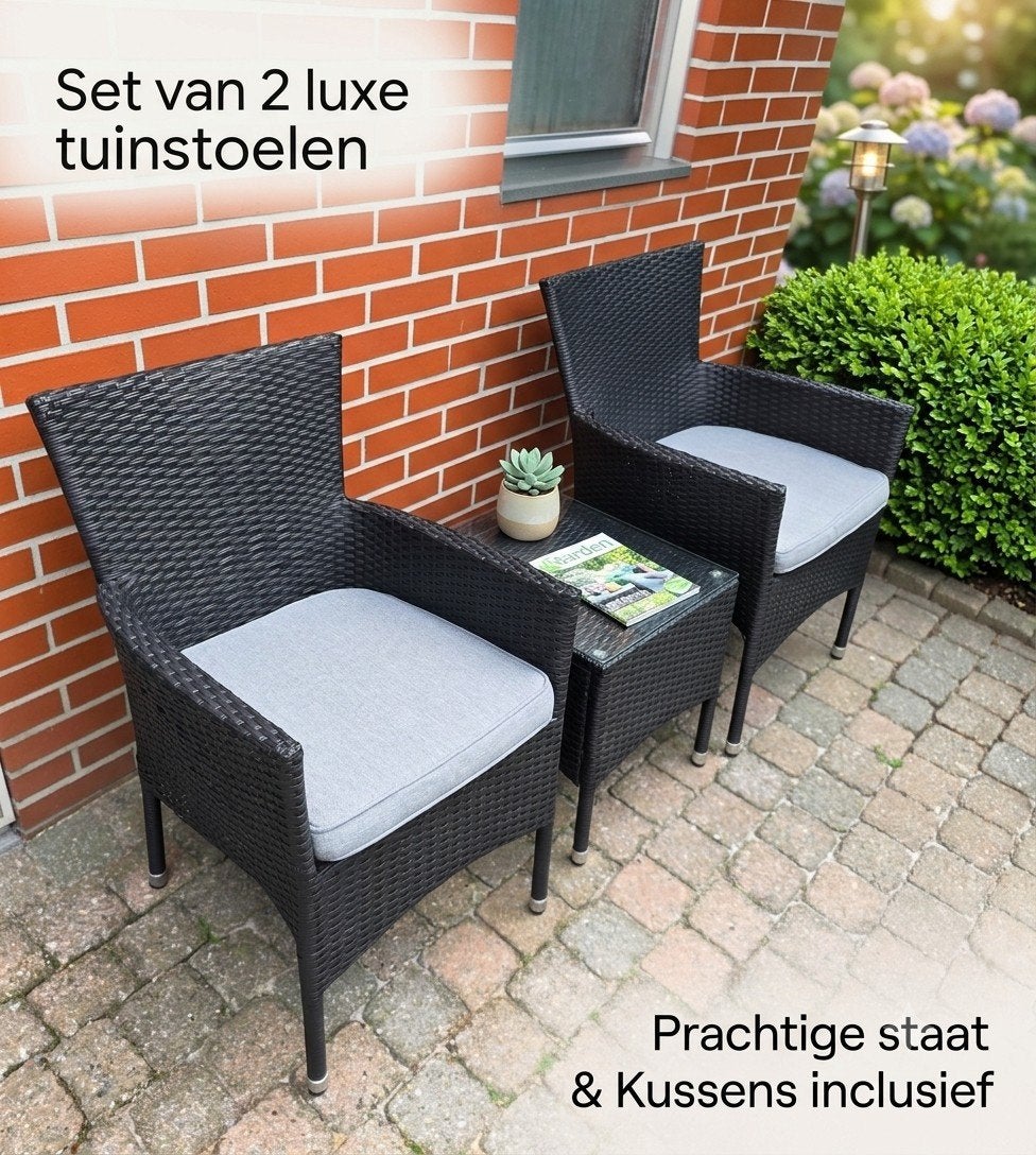 Set van 2 stapelbare tuinstoelen + kussens - Prachtige staat, Ophalen, Gebruikt, Wicker, Stapelbaar