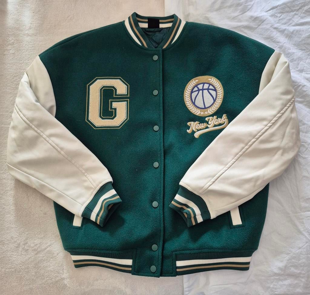 Groen/Wit Varsity Jacket “New York Basketball”, Enlèvement, Blanc