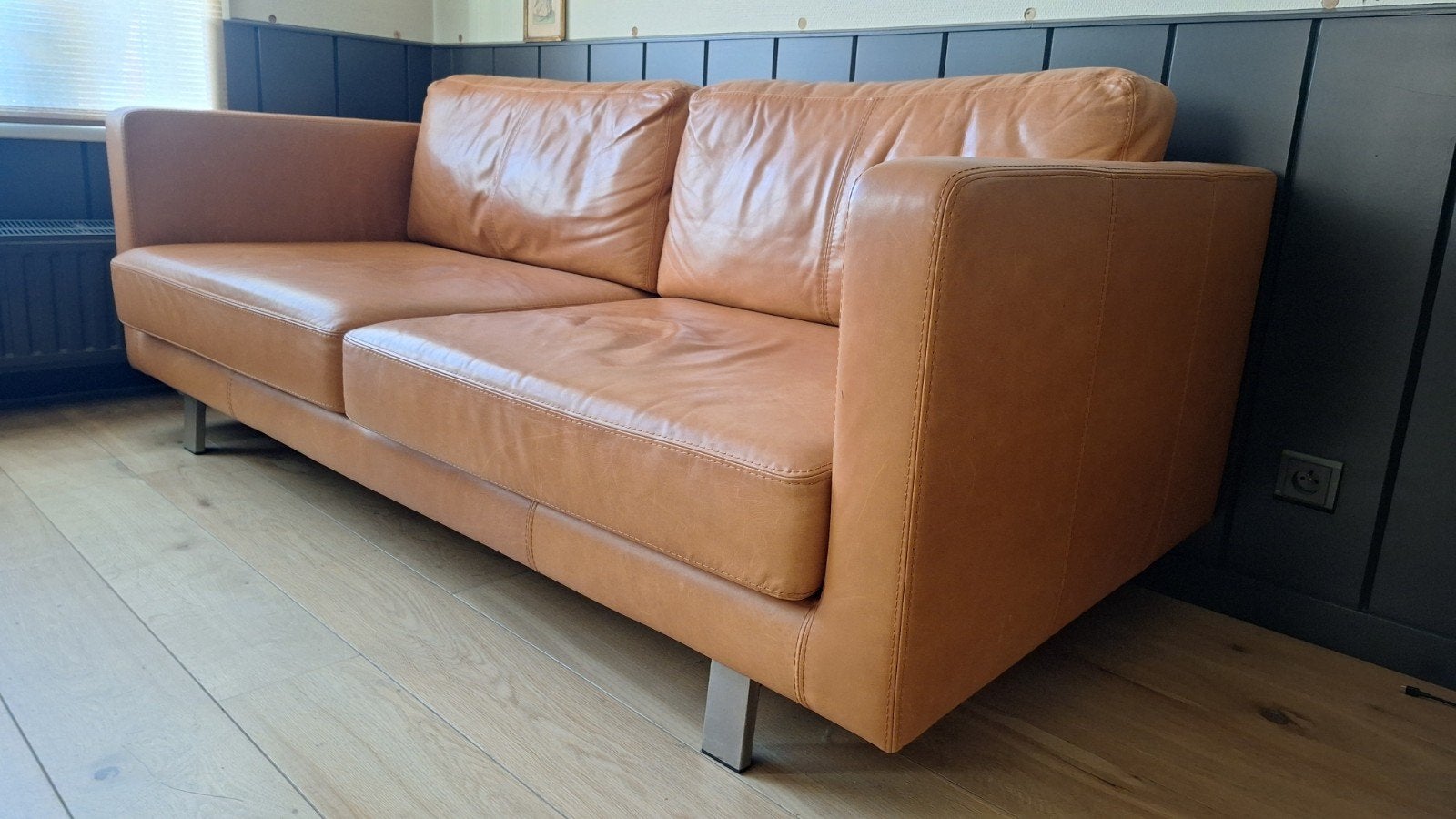 Cognackleurige lederen zetel, Huis en Inrichting, Ophalen, Gebruikt, 150 tot 200 cm, Driepersoons